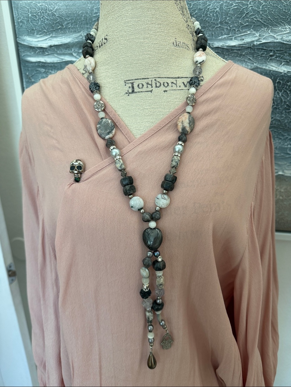 HP  Gray chunky Beaded Long Multimedia Necklace NEW Boho